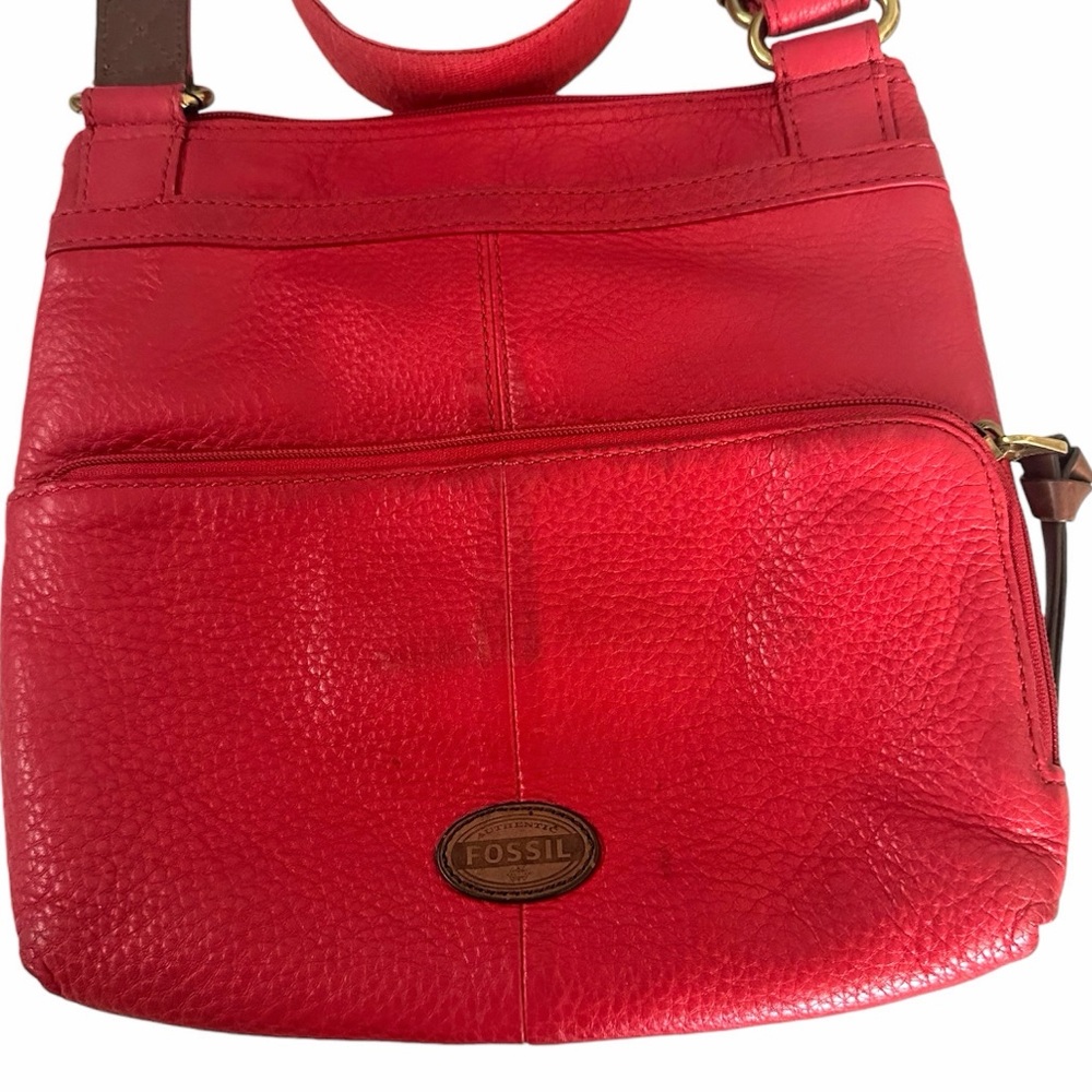 Fossil Bag Morgan Traveler Red Brick Crossbody Textured Leather Many Pockets